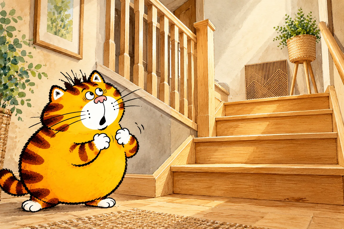 Surprised orange cartoon cat looking up at a beautiful timber staircase