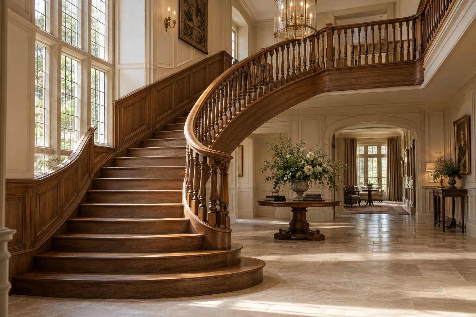 Design inspiration: sweeping oak staircase in an elegant English manor hall